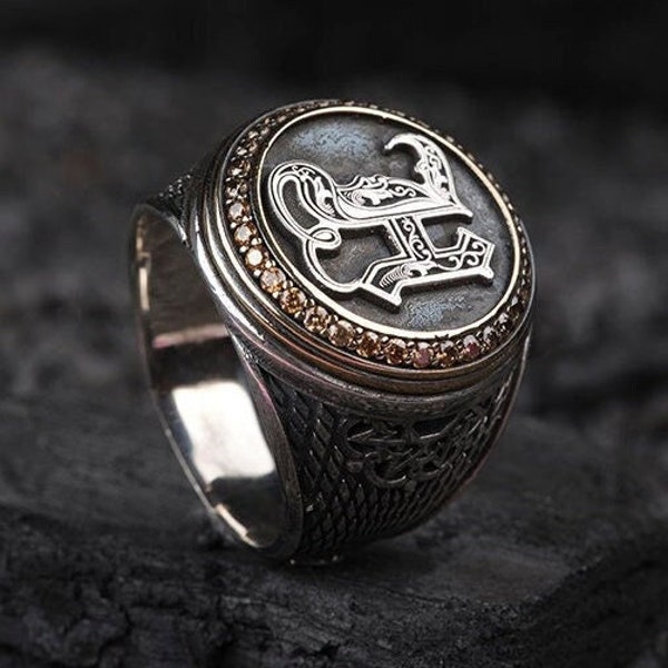 Personalized Mens Initial Signet Ring, Custom Monogram Silver Signet Ring for Men, Letter Engraved Ring Christmas Gift for Husband Boyfriend