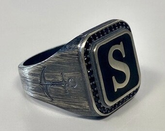 Personalized Black Onyx Initial Ring: Oxidized Sterling Silver Monogram