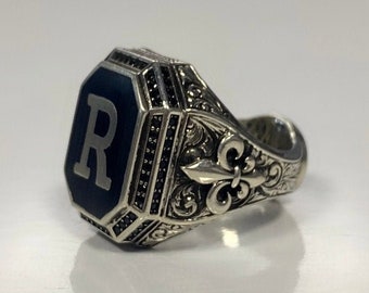 Oxidized 925 Sterling Silver Signet Ring, Custom Initial or Symbol, Gift for Him
