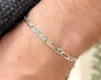 Engraved Sterling Silver Bar Bracelet for Men: Personalized Name ID
