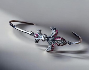Oxidized Sterling Silver Fleur De Lis Cuff Bracelet with Ruby