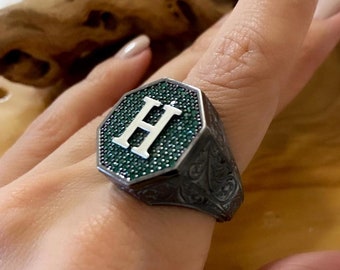 Sterling Silver Letter Signet Ring: Personalized Initial Ring for Men