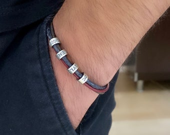 Personalized Men Leather Silver Beads Bracelet, Custom Name or Date Bracelet, Kids Name Jewelry, Men Silver Bracelet, Husband Boyfriend Gift