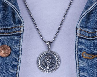 Oxidized Sterling Silver Lion Medallion Necklace - Leo Zodiac Jewelry