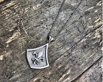 Fleur De Lis Shield Necklace, Sterling Silver Viking Pendant, Medieval Knight Gift for Men