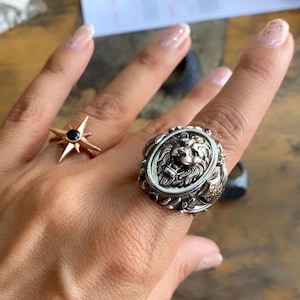 Oxidized Sterling Silver Lion Head Ring: Courage Symbol