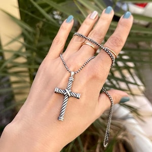 Oxidized Silver Twisted Cable Cross Necklace for Men, Religious Catholic Pendants, Waterproof Cross For Men Necklace, Mens Handmade Jewelry
