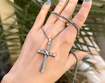 Oxidized Sterling Silver Twisted Cross Necklace - Religious Pendant