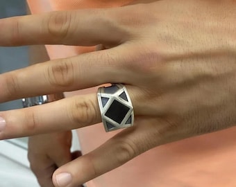 Oxidized Sterling Silver Mens Ring: Black Onyx Geometric Band