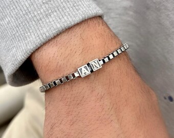 Personalized Initial Bracelet for Men, Sterling Silver Chain Bracelet, Custom Letter Symbol Jewelry, Family Initial Gift for Him