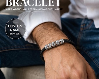 Personalized Leather Bracelet with Custom Silver Name Beads for Men