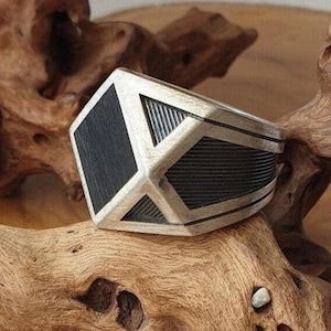 Oxidized Silver Mens Triangle Ring, Triangle Signet Ring, Silver Rustic Ring Gift, Geometric Jewelry Gift for Men, Handmade Men Ring Husband