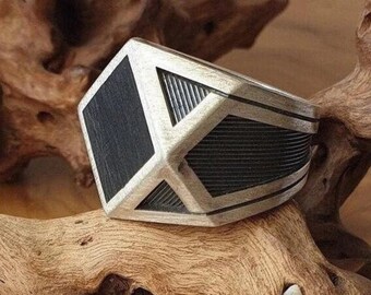 Oxidized Sterling Silver Triangle Ring: Black Onyx Geometric Signet