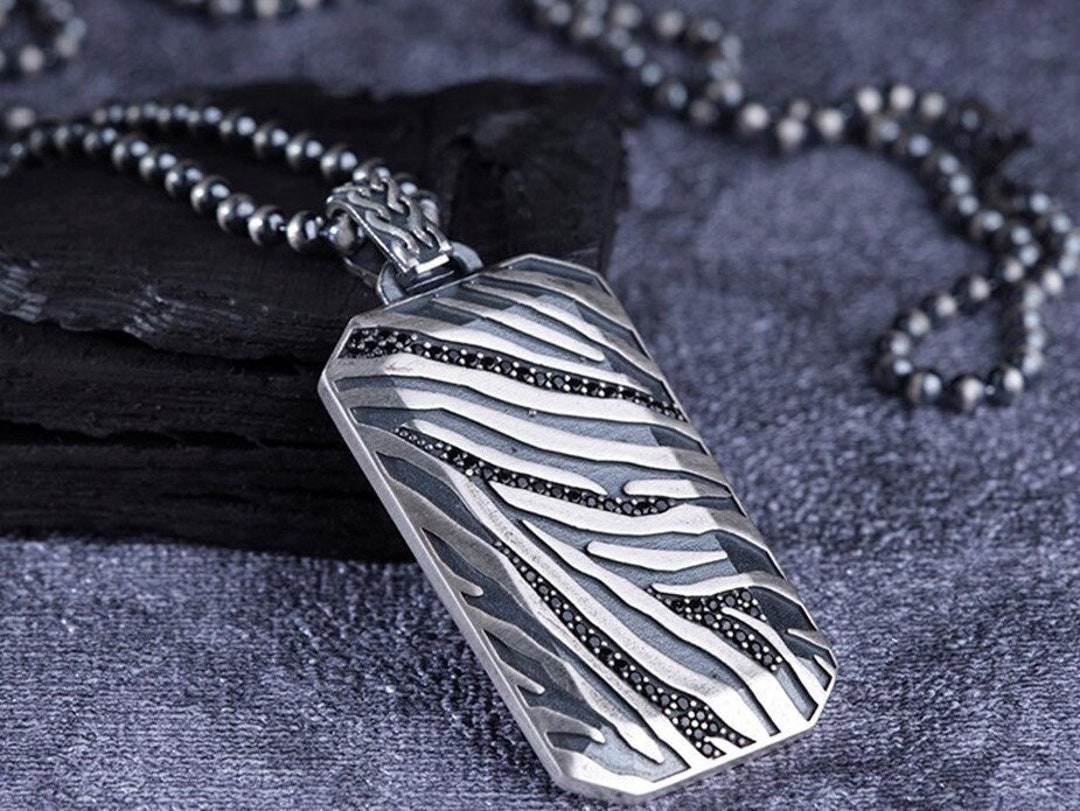 Men's Oxidized Sterling Silver Dog Tag Necklace in Brown Tiger's