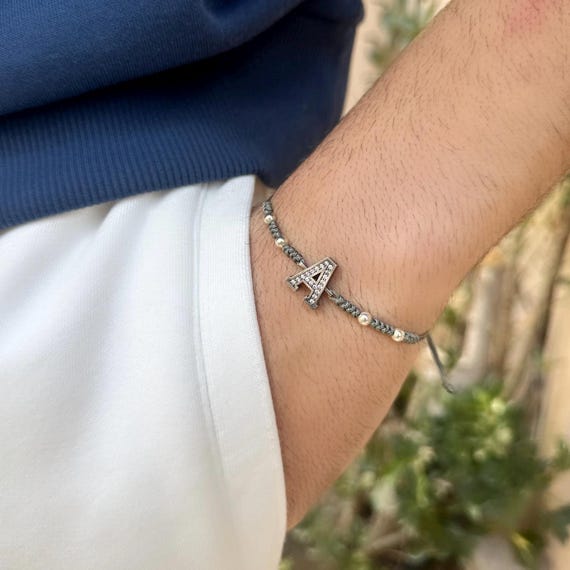 Personalized Initial Bracelet for Men: Sterling Silver Charm, Wax Cord