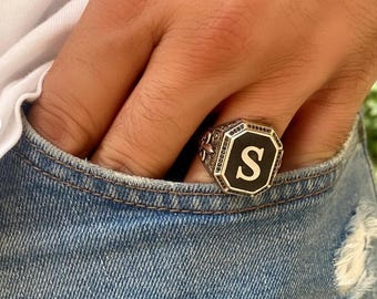 Gepersonaliseerde aangepaste initiaal gegraveerde sterlingzegelringen voor mannen, gepersonaliseerde eerste monogramring, vaderdagcadeau man vader hem