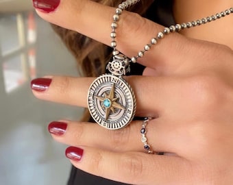 Handmade Oxidized Sterling Silver Compass Necklace: Nautical Jewelry
