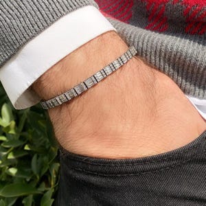 Oxidized Silver Men Tennis Chain Bracelet with Diamonds, Sterling Silver 925 Jewelry, Sterling Silver Bracelet, Anniversary Gift for Husband
