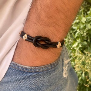 Natural Black Leather Love Knot Men Bracelet, Knot Leather Bracelet, Leather Jewelry for Men, Celtic Knot Bracelet, 3rd Anniversary Gift Him
