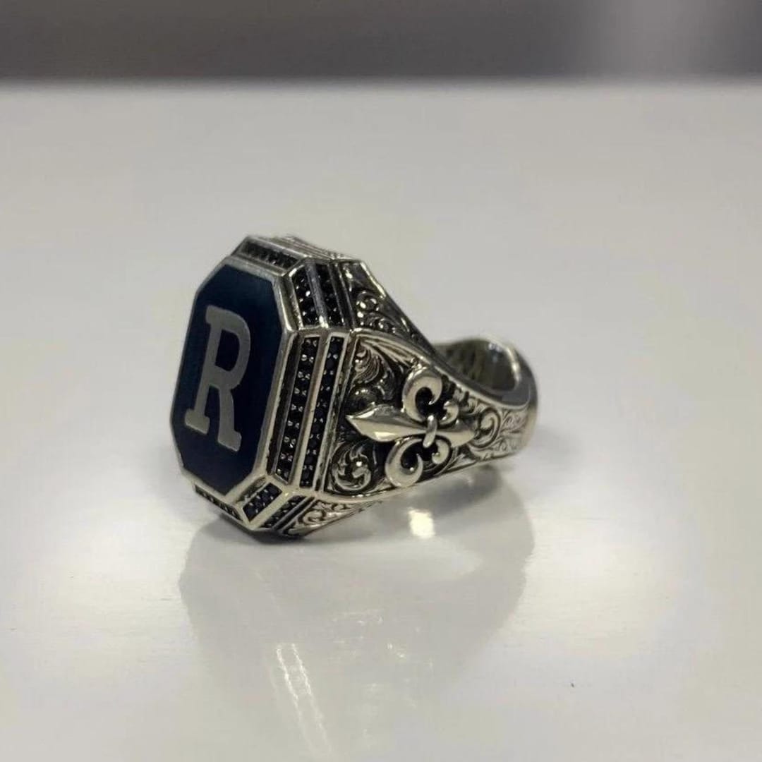 Sterling Silver Initial Mens Signet Ring, Oxidized Silver Letter Ring ...