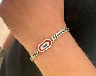 Oxidized Sterling Silver Evil Eye Chain Bracelet - Mens Protection Jewelry