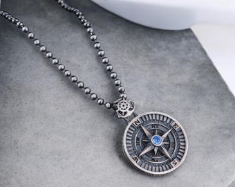Handmade Sterling Silver Compass Necklace: Aquamarine North Star Pendant