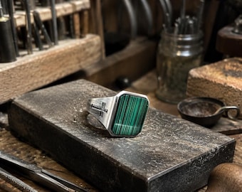Malachite Sterling Silver Signet Ring, Personalized Cross Infinity Statement Ring