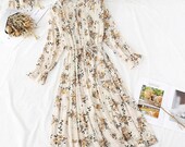Spring Stand Collar Floral Print Women Dress Lace Up Female Pleated Dress Summer Party Midi Chiffon Vestidos femme 2021