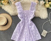 Women Floral Strap Rompers Retro Hollow Square Collar Sleeveless Wide Leg Short Rompers Casual Fashion Print Rompers