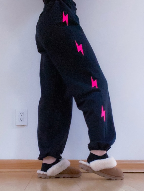Lightning Bolt Sweatpants, Black Sweatpants, Neon Pink Lighting