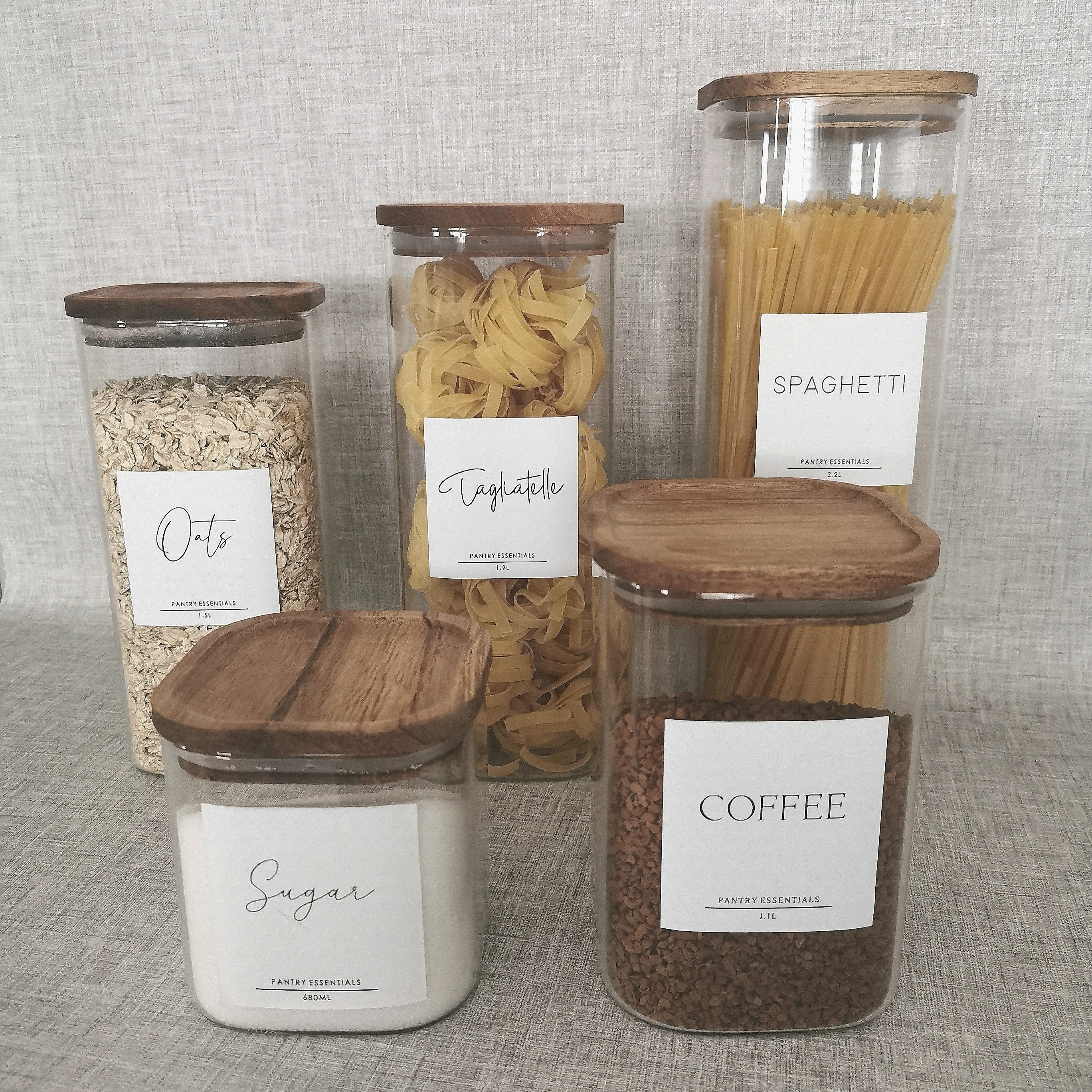 Set of 5 Kitchen Canisters with Wood Lid Stackable Glass Food Jars Storage Sugar or Spaghetti Container for Pantry, Clear