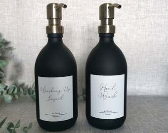 WHITE LABEL 500ml Black Glass Pump Bottle Dispenser  | Reusable Refillable Dish Hand Wash Hand Lotion Shampoo | Kitchen Bathroom