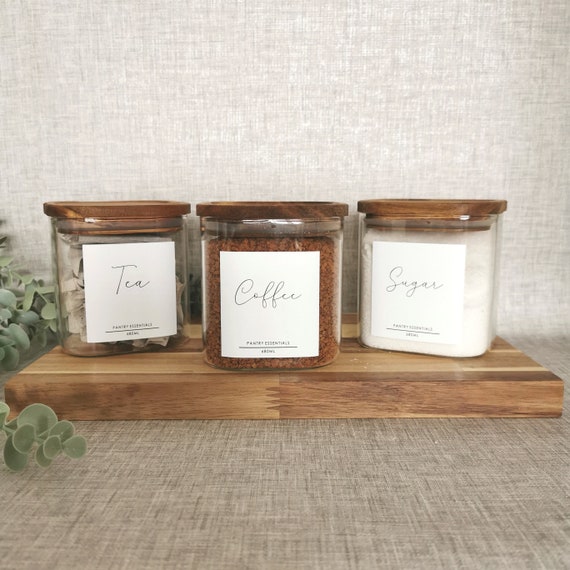 White Label Square Glass Pantry Jar With Acacia Wood Lids Pasta Baking Tea  Coffee Sugar Kitchen Pantry Accessories 