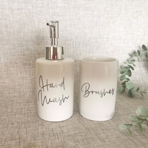 Personalised Ceramic Soap Dispenser and brush pot Grey White set of 2 / Hand Wash, Dish Soap Bottles /Bathroom & Kitchen Accessories