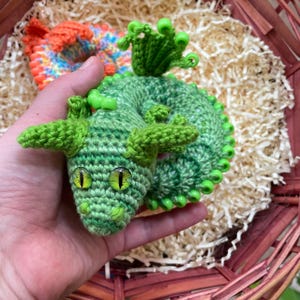 A green sensory dragon coiled in a hand, photographed from the front with a wicker basket softly visible in the background, highlighting its compact size.
