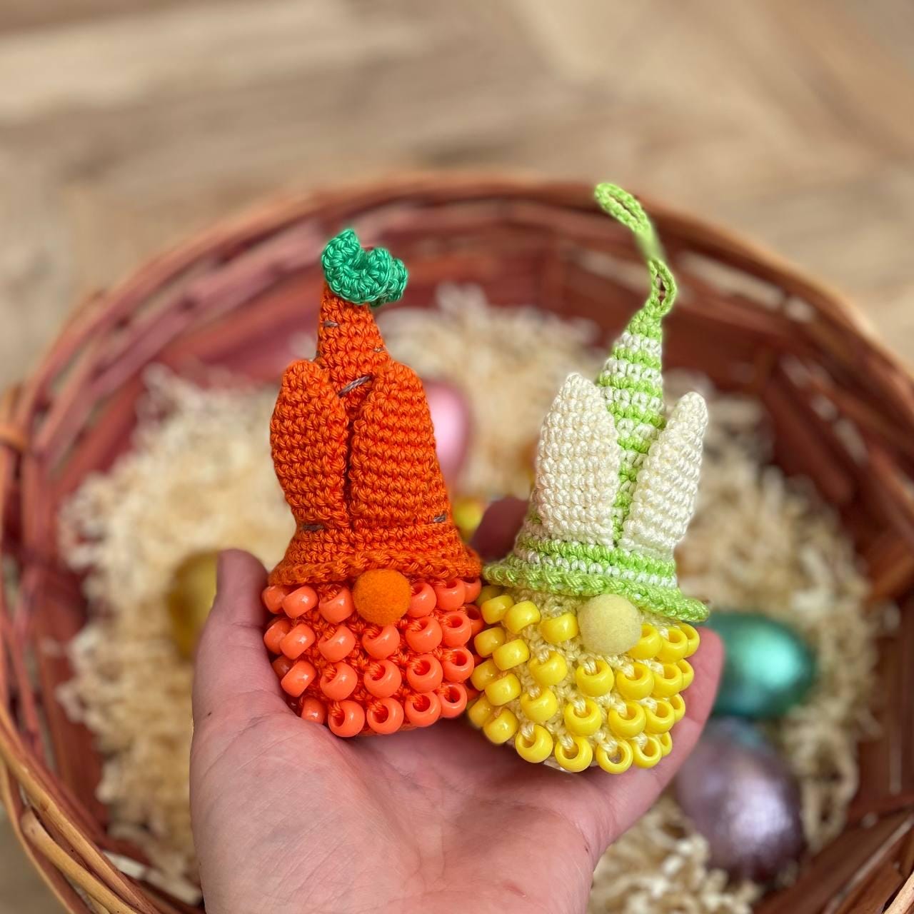 Easter Crochet Gnome Patterns – Bunny Ears & Carrot Hat with Pony Beads – Sensory Fidget Toys, Spring Décor Teacher Appriciate Gifts