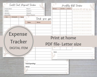 Rastreador de gastos imprimible / Rastreador de facturas mensuales / Seguimiento de sus gastos / Rastreador de pagos con tarjeta de crédito / PDF Digital / Descarga instantánea