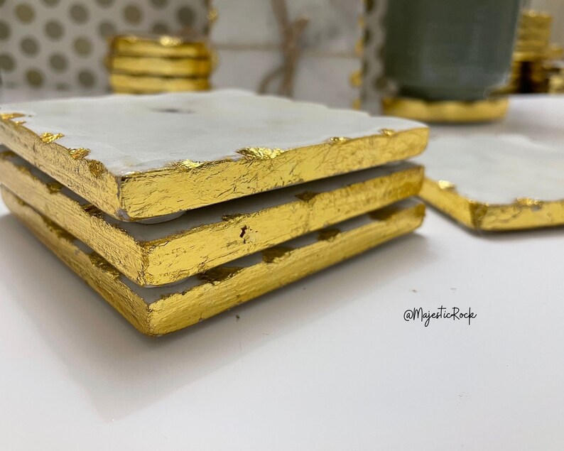 Solid Pearl White Marble Coaster With Gold Edge Finish Set of 2/4 Gift