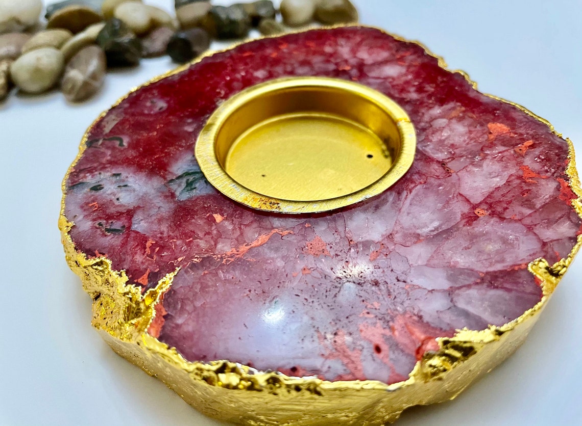 Natural Agate Stone Handcrafted Tea Light Candle Holder in Red Shade