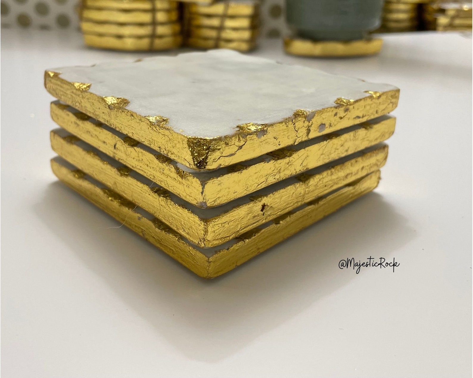 Solid Pearl White Marble Coaster With Gold Edge Finish Set of 2/4 Gift