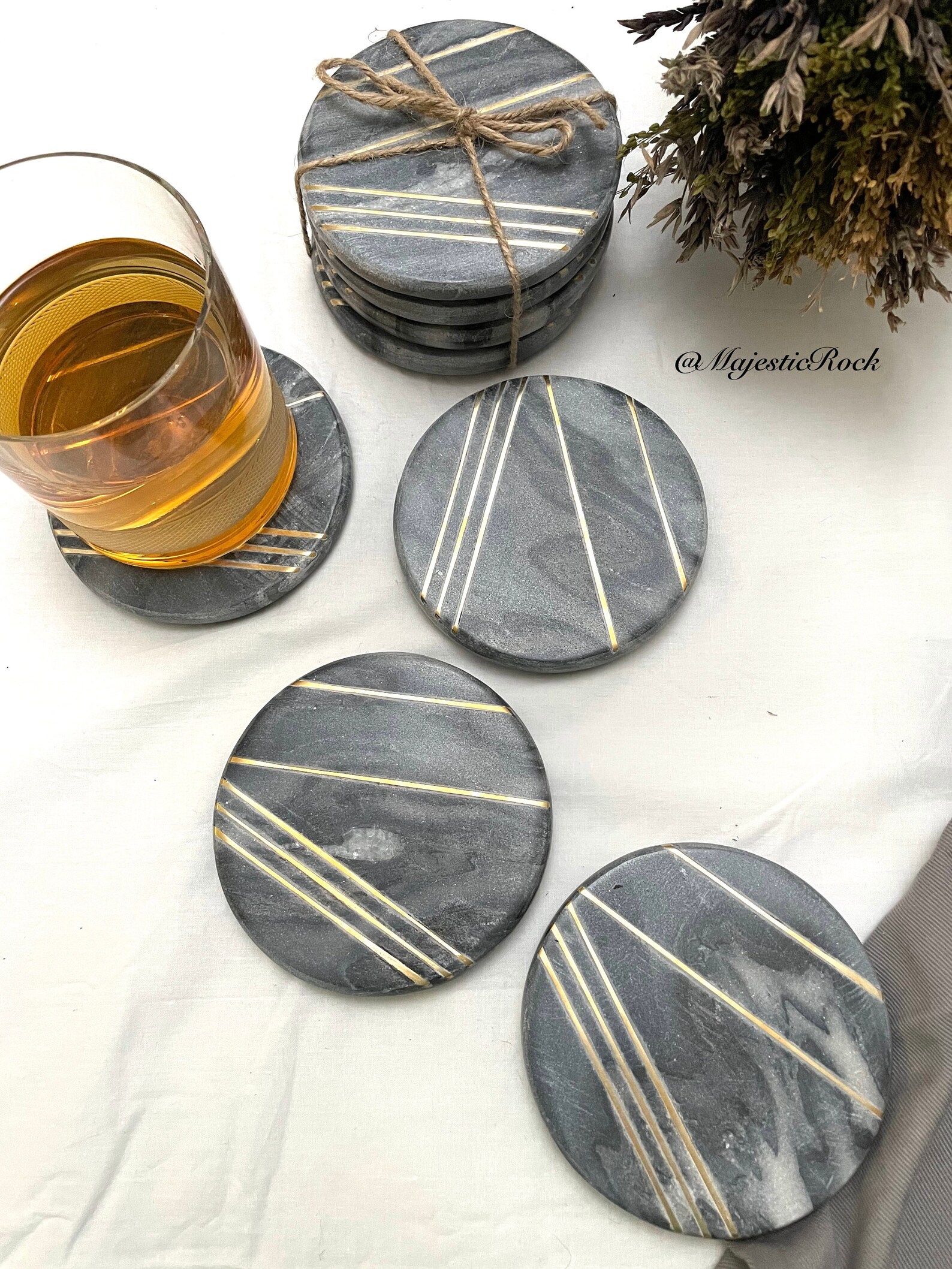 Set of 4/ Set of 2 Grey Marble Coasters brass Inlay Etsy