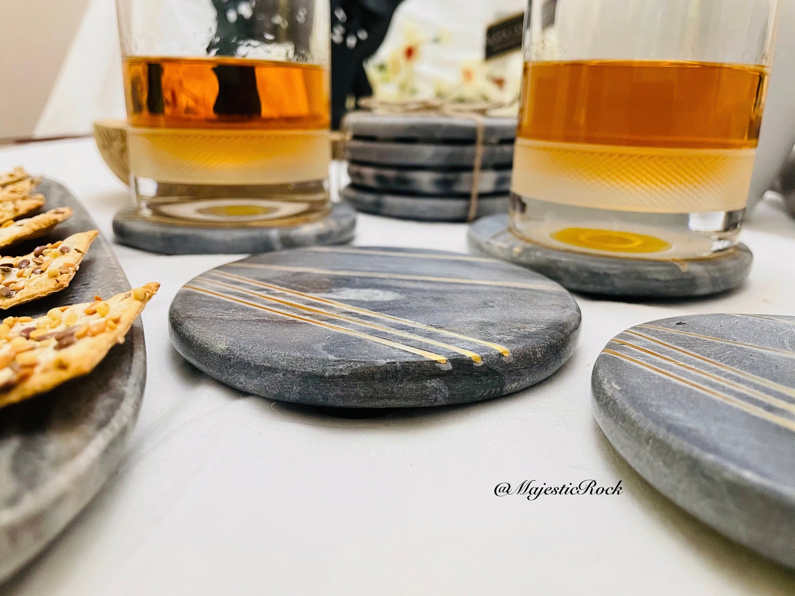 Set of 4/ Set of 2 Grey Marble Coasters brass Inlay Etsy