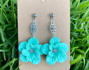 Teal Flower Polymer Clay Earrings
