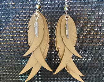 Real Genuine Leather Brown Feather Earrings