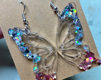 Pink & Silver Holographic Glitter Dangle Butterfly Wing Earring, Butterfly Wing, Double Butterfly Earrings, Delicate Double Butterfly