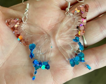 Pink & Silver Holographic Glitter Dangle Butterfly Wing Earring, Butterfly Wing, Double Butterfly Earrings, Delicate Double Butterfly