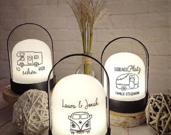 Personalisierte Skandi Hygge LED Dekoleuchte Tischlampe Laterne Wunschmotiv Geschenkidee für CAMPER / CAMPING Indoor Outdoor 22 cm warmweiß