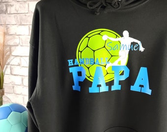 HANDBALL PAPA Hoodie Sweatshirt Kapuzenpullover Herren S bis 5XL mit Kindernamen personalisiert Premium Qualität Geburtstag Weihnachten