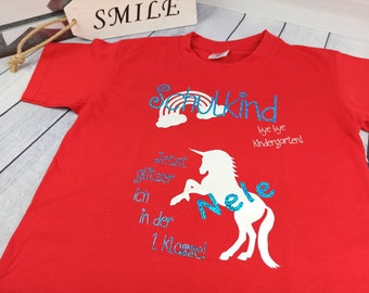 T-Shirt Einschulung Schulkind Mädchen Einhorn rot türkis weiß Schulstart 1. Schultag Geschenk Schultüte