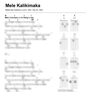 May include: A sheet music page with the title "Mele Kalikimaka" by Robert Alex Anderson. The music includes chords for guitar, with the lyrics "Mele Kalikimaka is the thing to say".